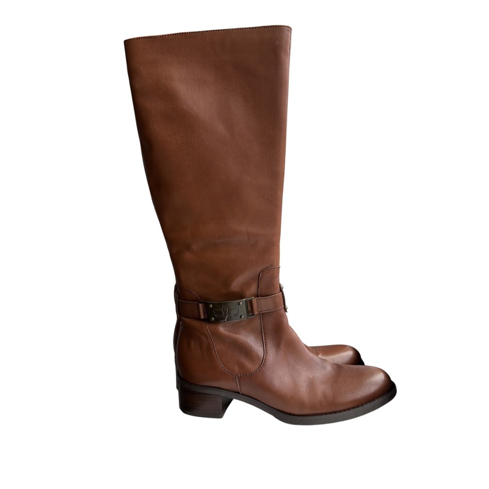 Etienne Aigner English Tan Leather Knee-High Riding Boots, 1.5 Inch Block‎ Heel